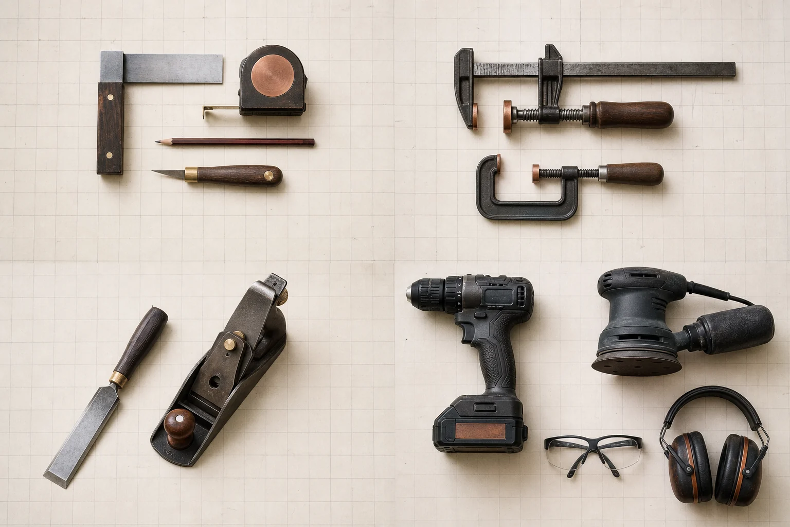 Core measuring, workholding, cutting, drilling and sanding tools arranged by workshop task.