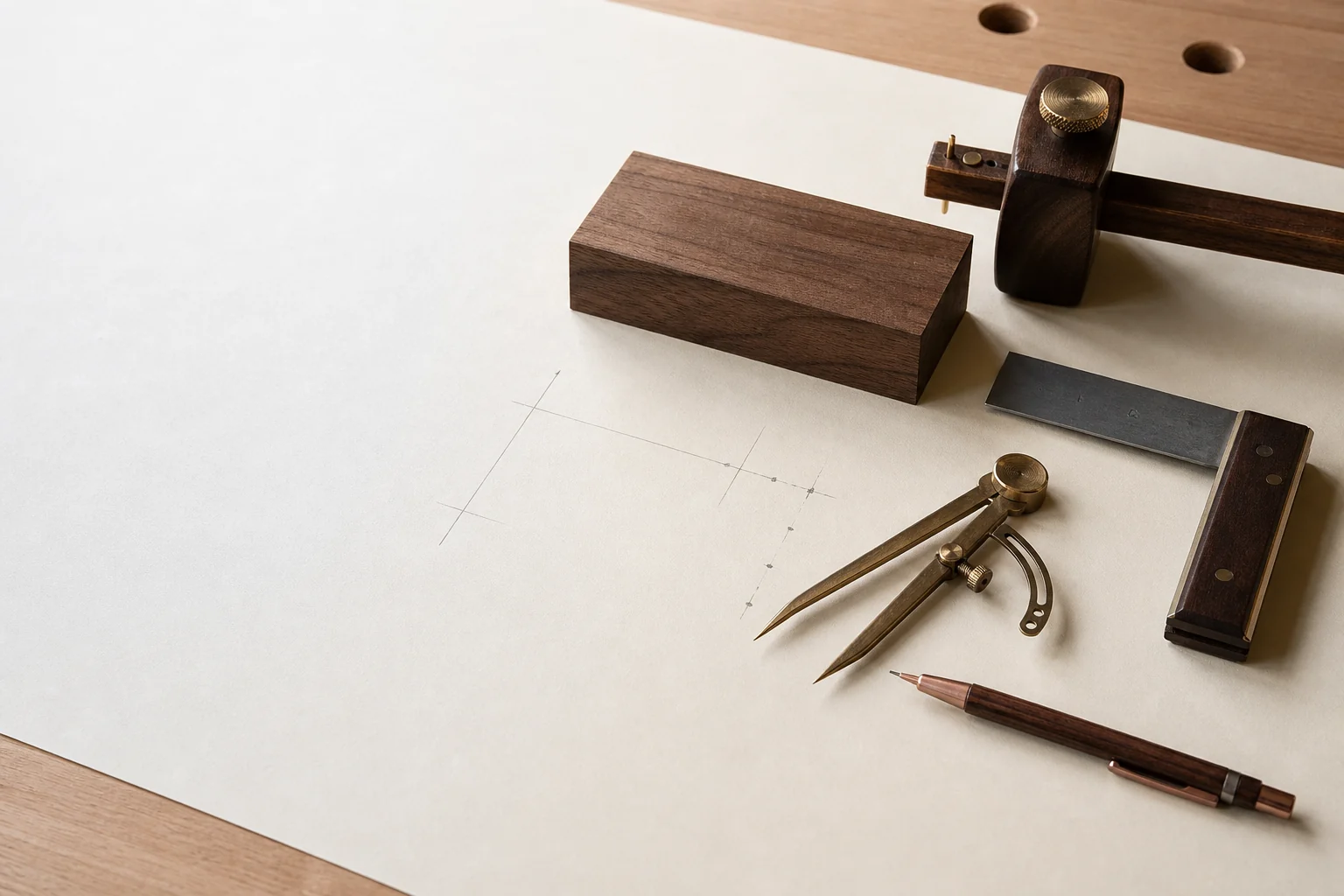 Try square, marking gauge, walnut board and dividers arranged on pale layout paper.